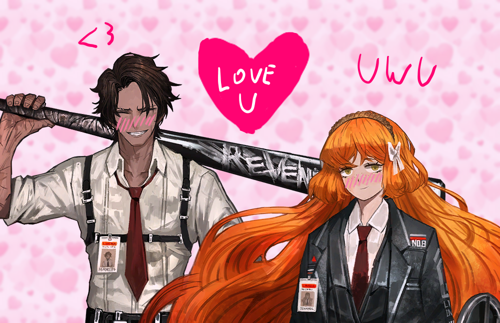 An edited image of Heathcliff (left) and Ishmael (right) from Limbus Company. They're standing next to each other against a background full of hearts, and smiling with blush edited onto their cheeks. Above Heathcliff is a heart emoticon. Above both in the middle is a giant heart that says LOVE U. Above Ishmael is an UWU.